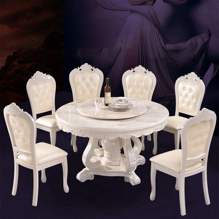 White Stone Top Dining Table Round Table with Wood Pedestal Base