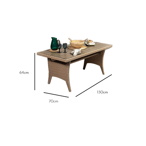 Tischmaße: 64 cm hoch, 130 cm breit, 70 cm tief