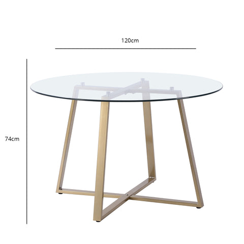 Mesa de comedor redonda con tapa de cristal y patas doradas
