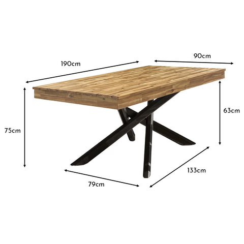 Mesa de comedor de jardín Amelia de madera de acacia con patas de metal negro.